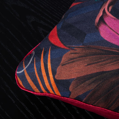 Dekokissen 40 x 40 cm Stoff Baumwollstoff Dschungel Vögel rot, Rückseite Samt rot