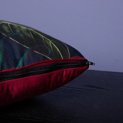 Dekokissen 40 x 40 cm Stoff Baumwollstoff Dschungel Vögel rot, Rückseite Samt rot