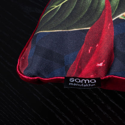 Dekokissen 40 x 40 cm Stoff Baumwollstoff Dschungel Vögel rot, Rückseite Samt rot