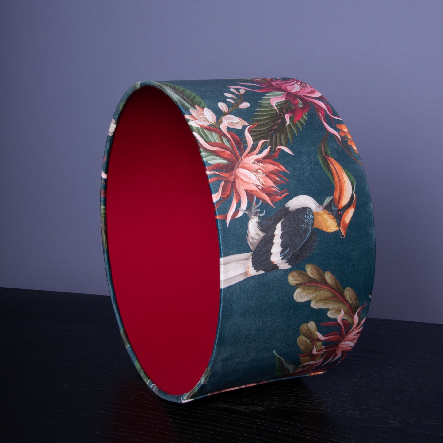 Lampenschirm Samt Blaugrau – Tropisches Tukan-Muster – Stofflampenschirm für Hänge- & Stehlampen