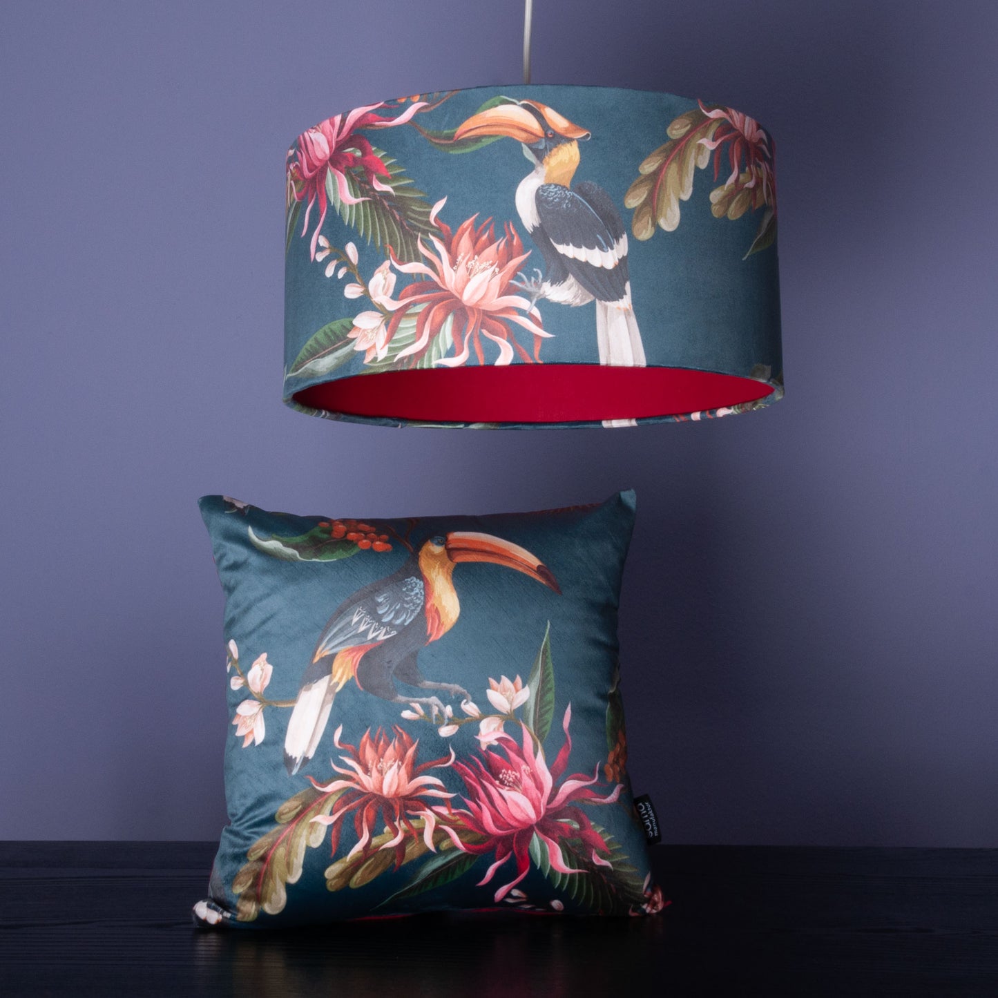Lampenschirm Samt Blaugrau – Tropisches Tukan-Muster – Stofflampenschirm für Hänge- & Stehlampen