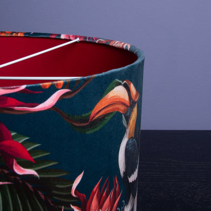 Lampenschirm Samt Blaugrau – Tropisches Tukan-Muster – Stofflampenschirm für Hänge- & Stehlampen