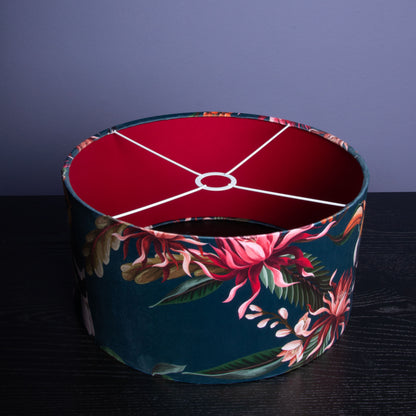 Lampenschirm Samt Blaugrau – Tropisches Tukan-Muster – Stofflampenschirm für Hänge- & Stehlampen