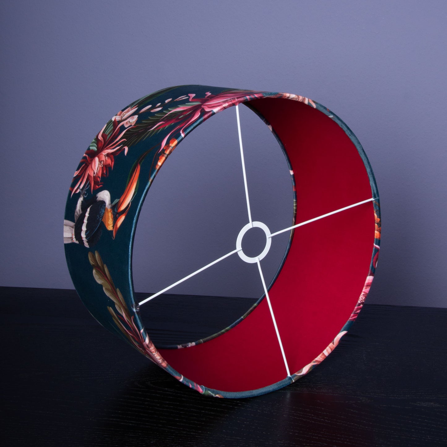 Lampenschirm Samt Blaugrau – Tropisches Tukan-Muster – Stofflampenschirm für Hänge- & Stehlampen