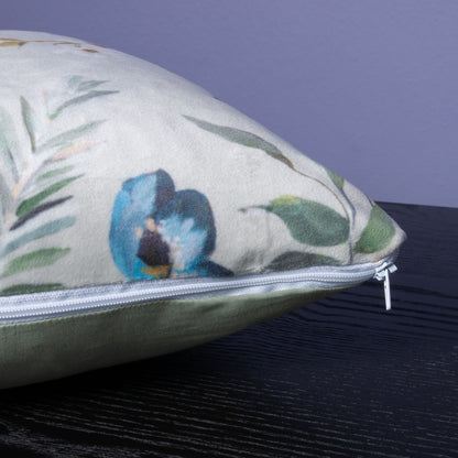 Dekokissen 40 x 40 cm Stoff Samt Blaumeisen Blumen Rückseite Baumwollstoff Mint Grün