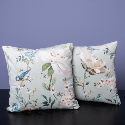 Dekokissen 40 x 40 cm Stoff Samt Blaumeisen Blumen Rückseite Baumwollstoff Mint Grün