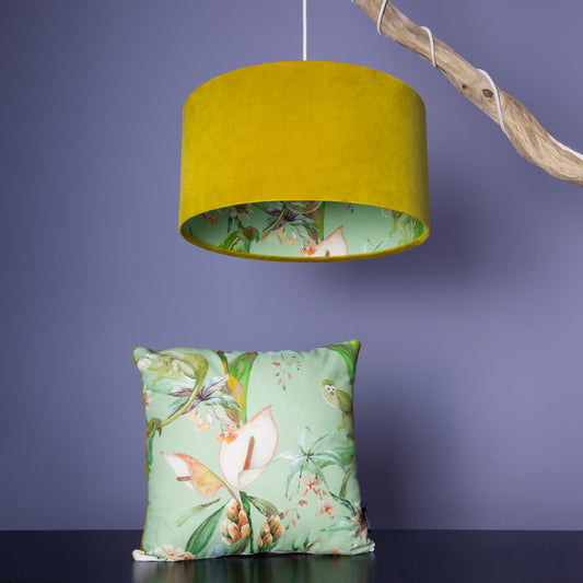 Lampenschirm Samt Senfgelb – Tropisches Muster Innen – Stofflampenschirm für Hänge- & Stehlampen