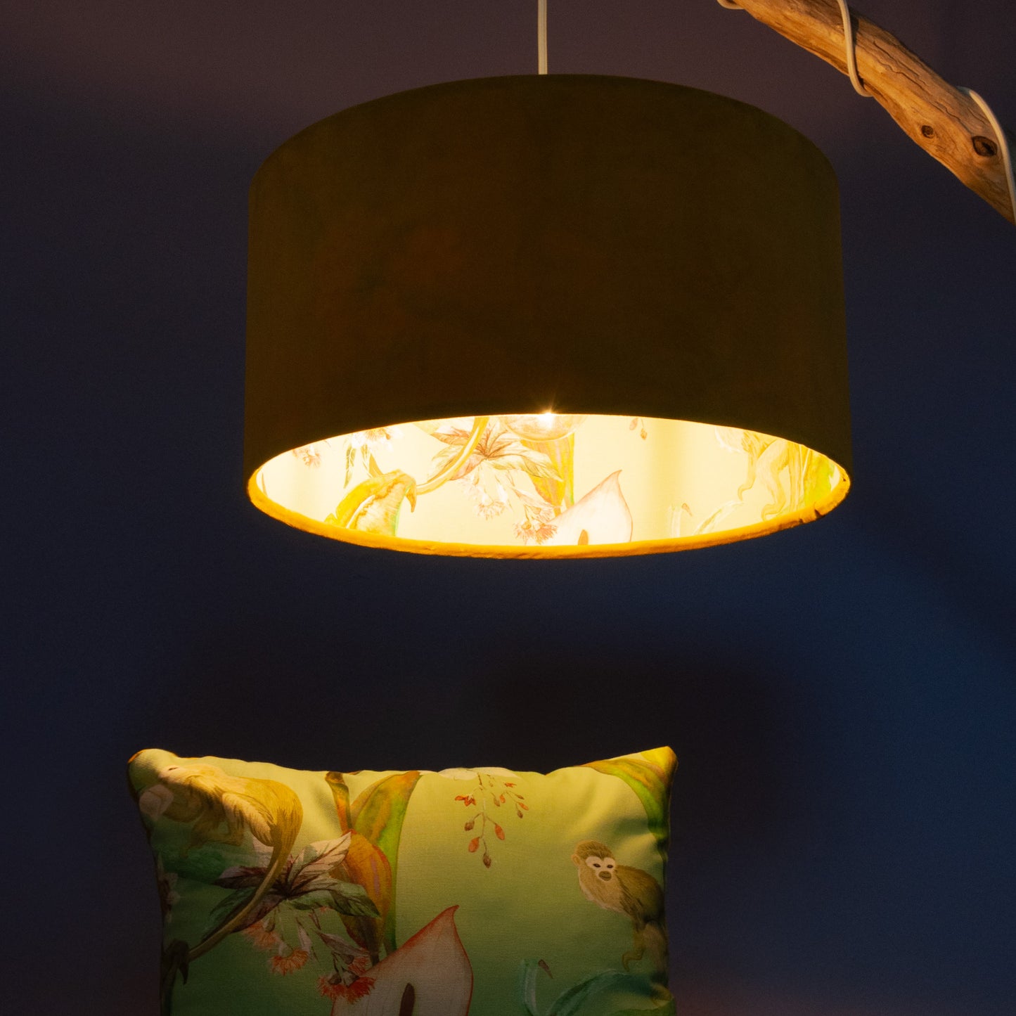 Lampenschirm Samt Senfgelb – Tropisches Muster Innen – Stofflampenschirm für Hänge- & Stehlampen
