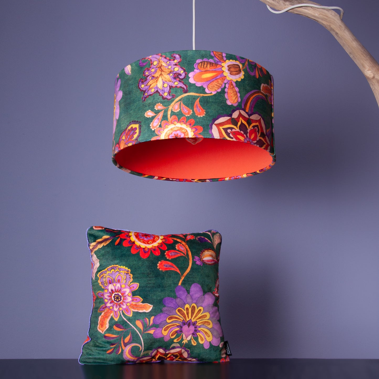 Lampenschirm Samt Petrol – Florales Muster Orange & Lila – Stofflampenschirm für Hänge- und Stehlampen