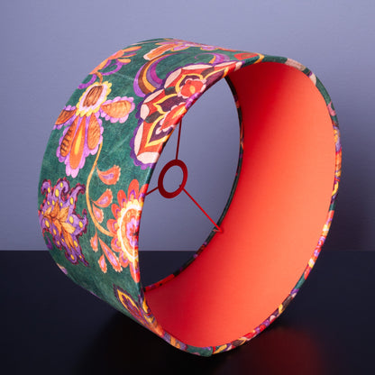 Lampenschirm Samt Petrol – Florales Muster Orange & Lila – Stofflampenschirm für Hänge- und Stehlampen