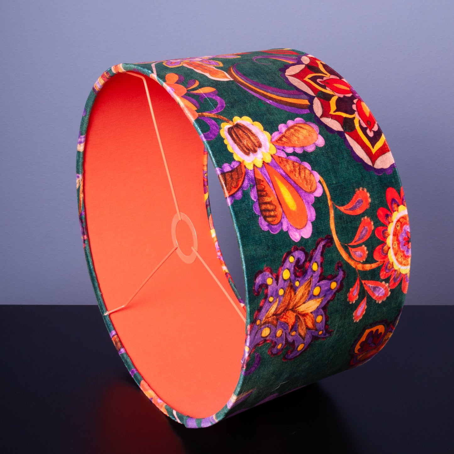 Lampenschirm Samt Petrol – Florales Muster Orange & Lila – Stofflampenschirm für Hänge- und Stehlampen