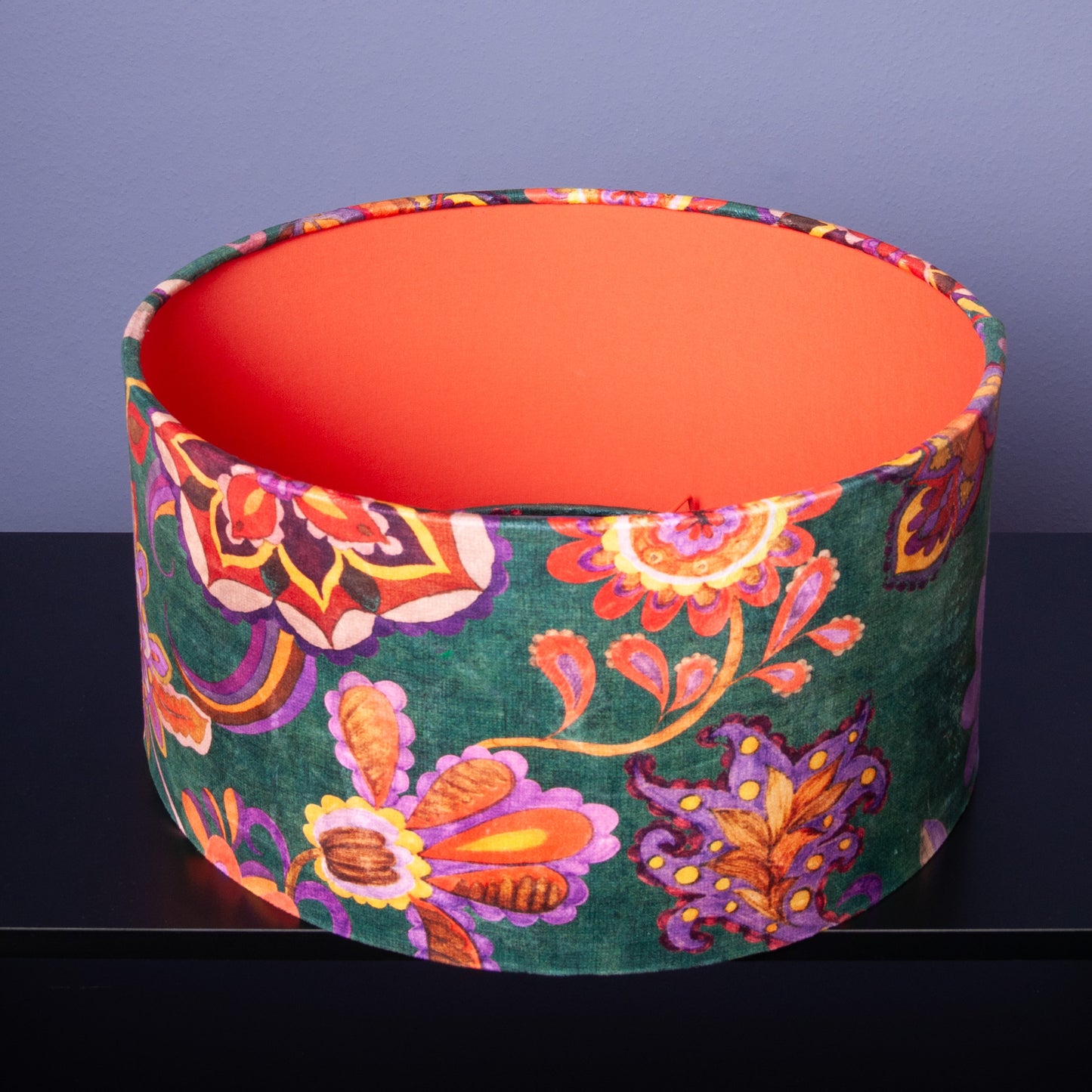 Lampenschirm Samt Petrol – Florales Muster Orange & Lila – Stofflampenschirm für Hänge- und Stehlampen