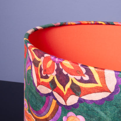 Lampenschirm Samt Petrol – Florales Muster Orange & Lila – Stofflampenschirm für Hänge- und Stehlampen