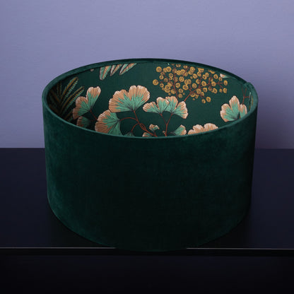 Lampenschirm Samt Dunkelgrün – Ginkgo-Blatt-Muster – Bestseller Stofflampenschirm für Hänge- & Stehlampen