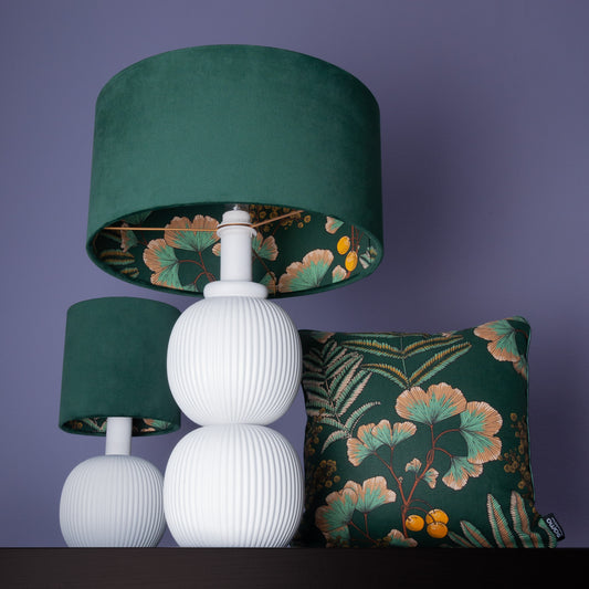 Lampenschirm Samt Dunkelgrün – Ginkgo-Blatt-Muster – Bestseller Stofflampenschirm für Hänge- & Stehlampen