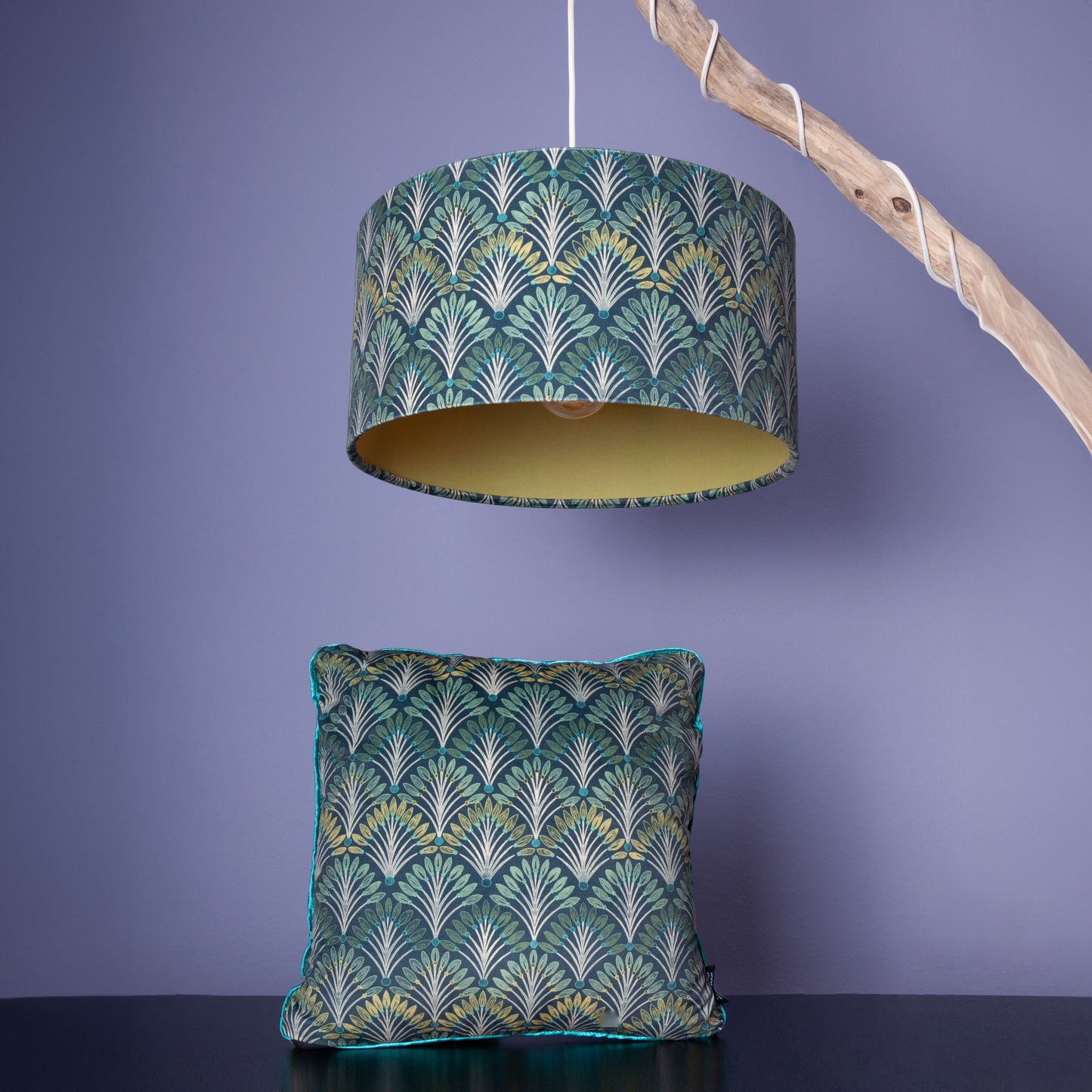Lampenschirm Art déco – Grünes Fächermuster mit Apfelgrün innen – Stofflampenschirm für Hänge- & Stehlampen