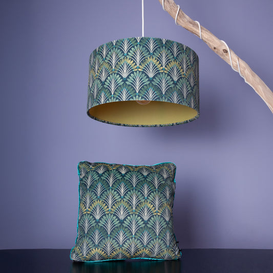Lampenschirm Art déco – Grünes Fächermuster mit Apfelgrün innen – Stofflampenschirm für Hänge- & Stehlampen